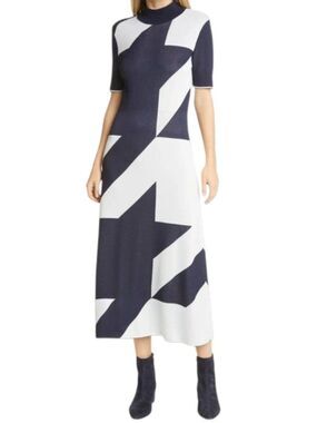 NWT Hugo Boss Fiah Houndstooth Maxi Dress L Blue White Mod Chic